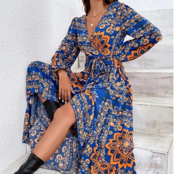 . Dresses & Skirts - Boho Floral Lantern Sleeve Ruffle Trim Maxi Dress blue